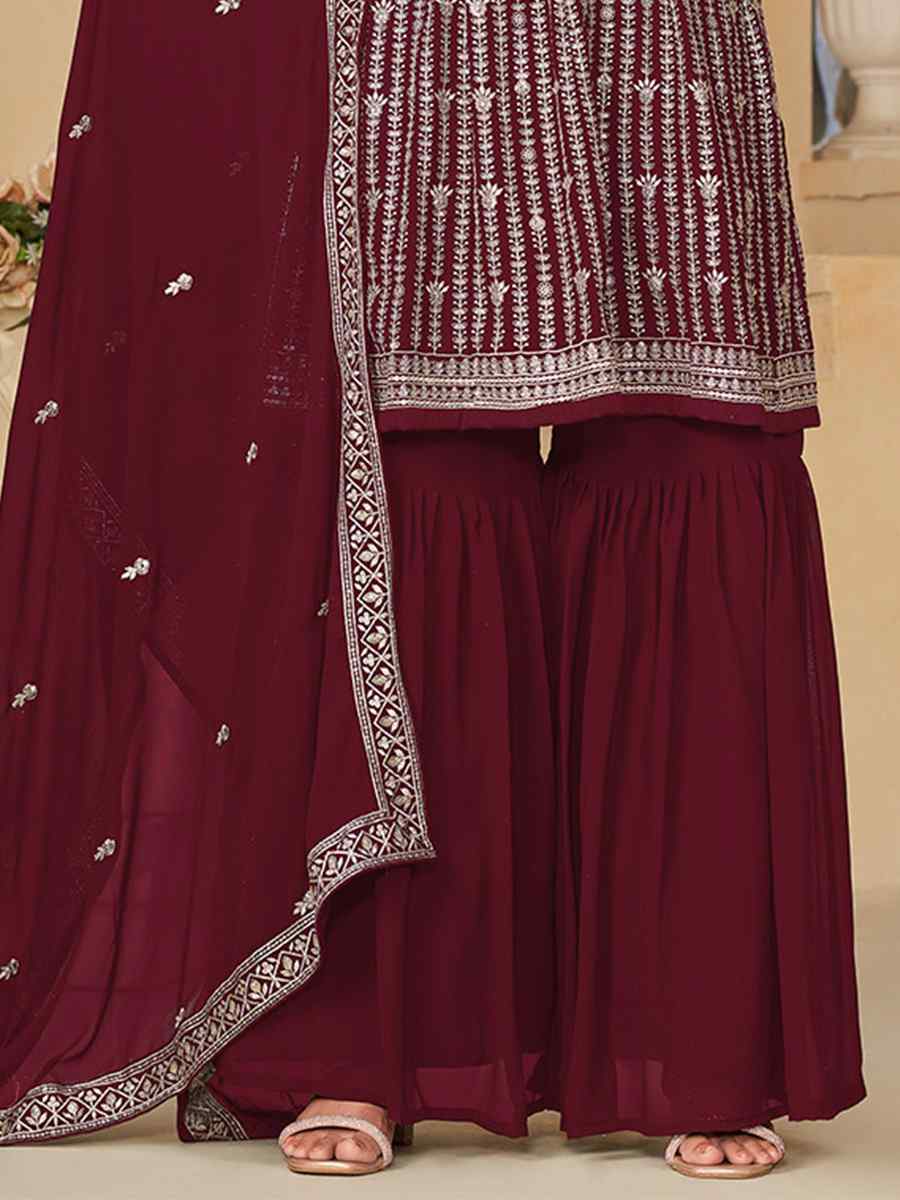 Maroon Faux Georgette Embroidered Festival Mehendi Sharara Pant Salwar Kameez