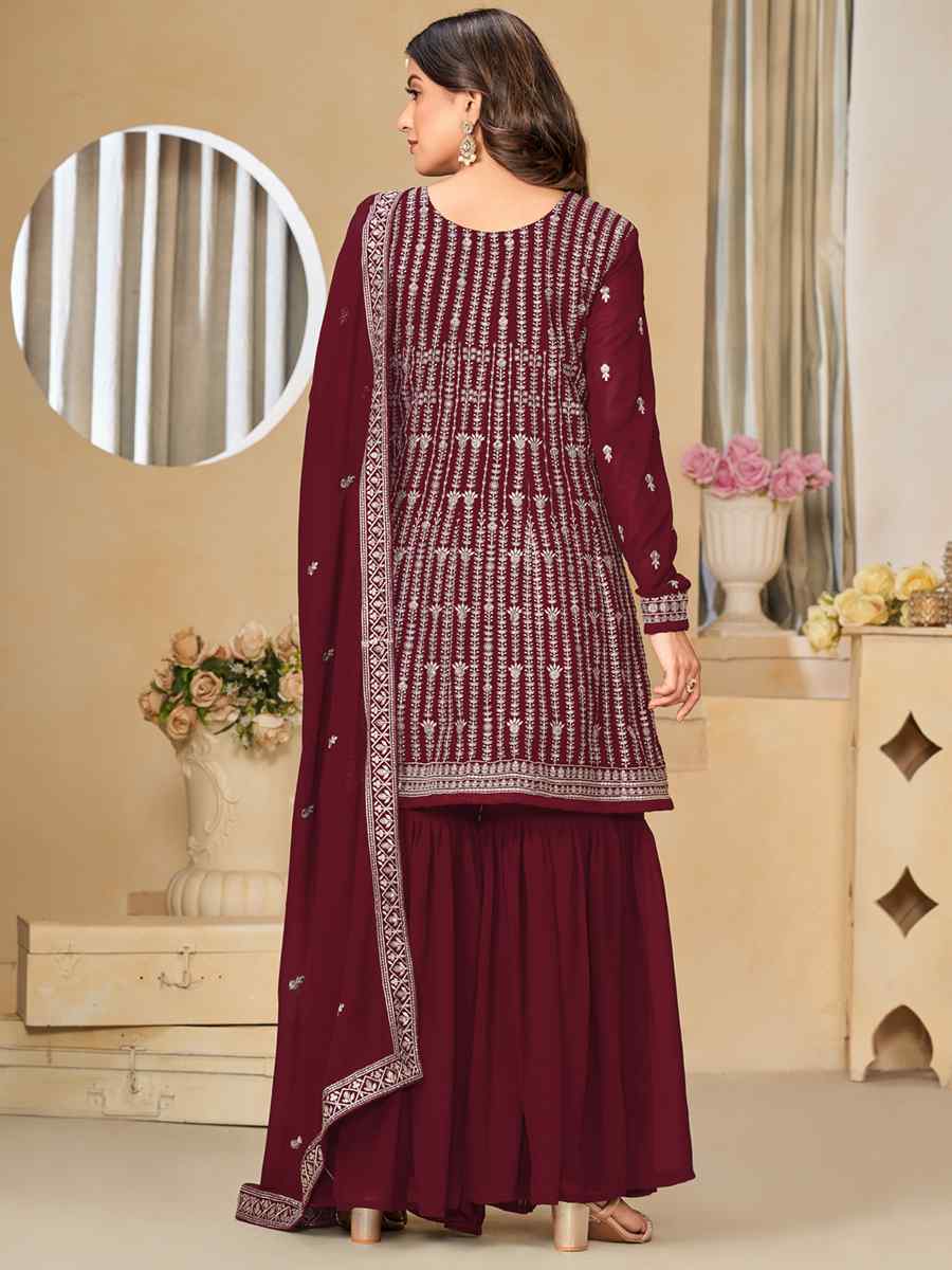 Maroon Faux Georgette Embroidered Festival Mehendi Sharara Pant Salwar Kameez