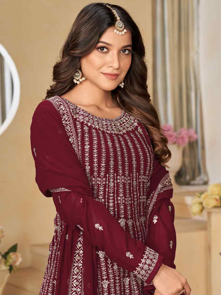 Maroon Faux Georgette Embroidered Festival Mehendi Sharara Pant Salwar Kameez