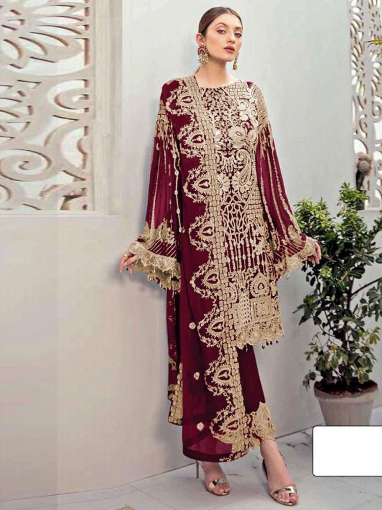 Maroon Faux Georgette Embroidered Festival Pant Kameez