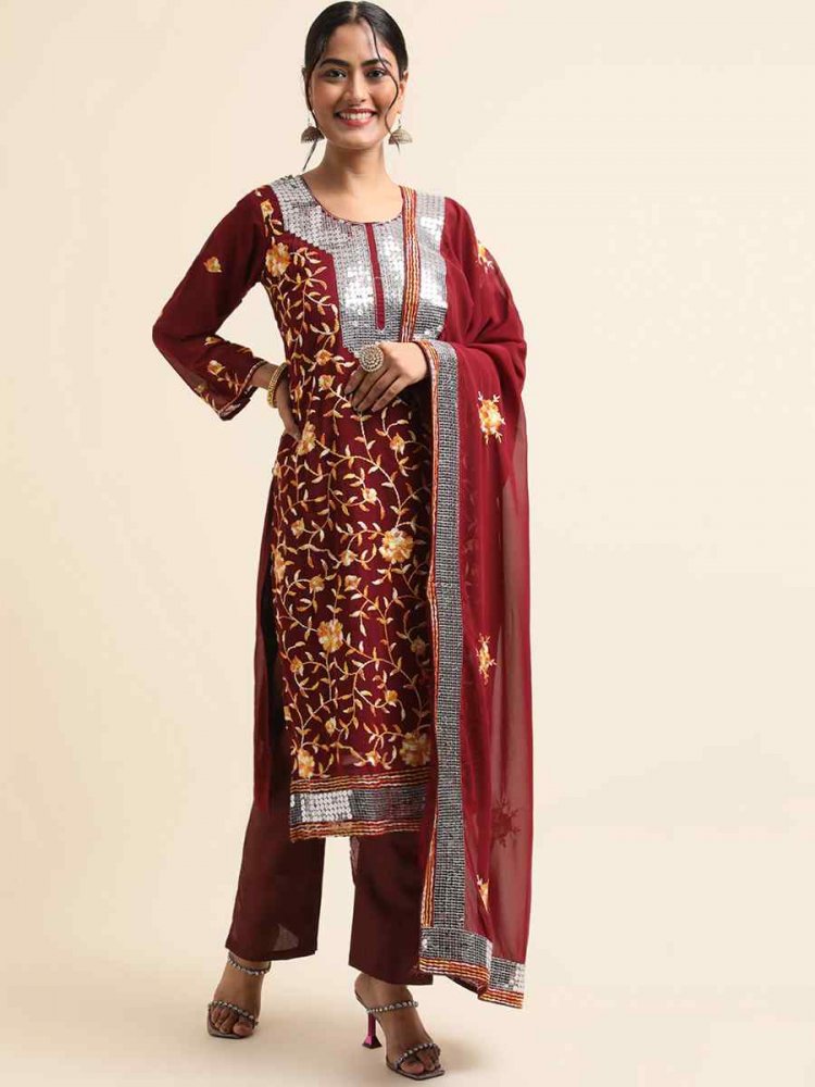 Maroon Faux Georgette Embroidered Festival Party Pant Salwar Kameez