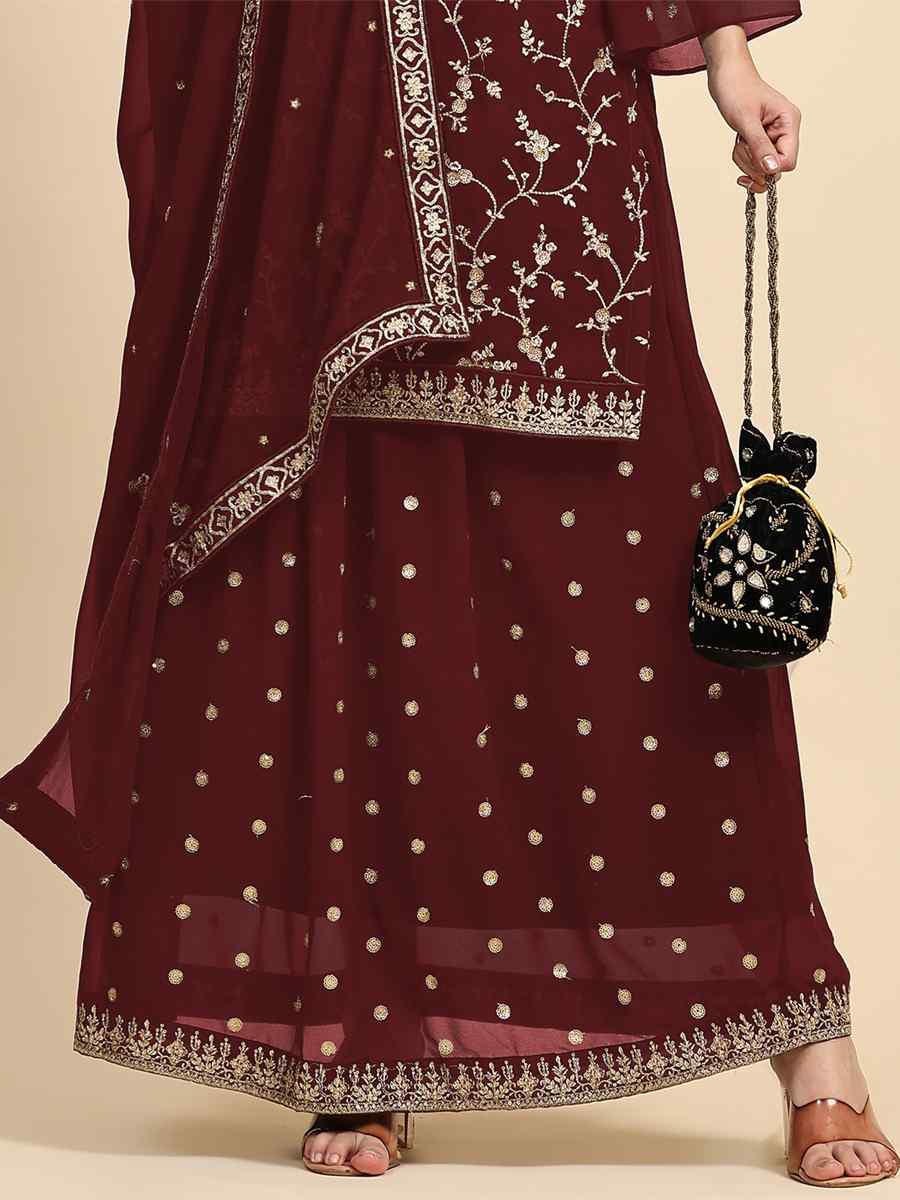 Maroon Faux Georgette Embroidered Festival Party Sharara Pant Salwar Kameez