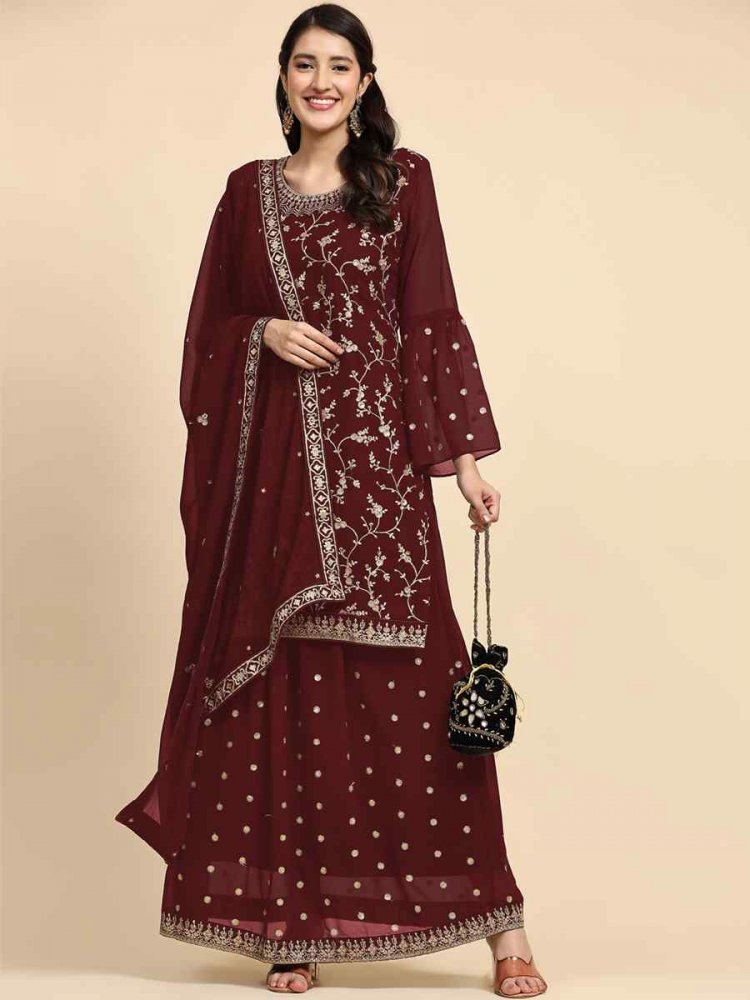 Maroon Faux Georgette Embroidered Festival Party Sharara Pant Salwar Kameez