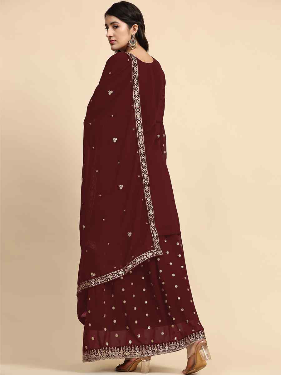 Maroon Faux Georgette Embroidered Festival Party Sharara Pant Salwar Kameez