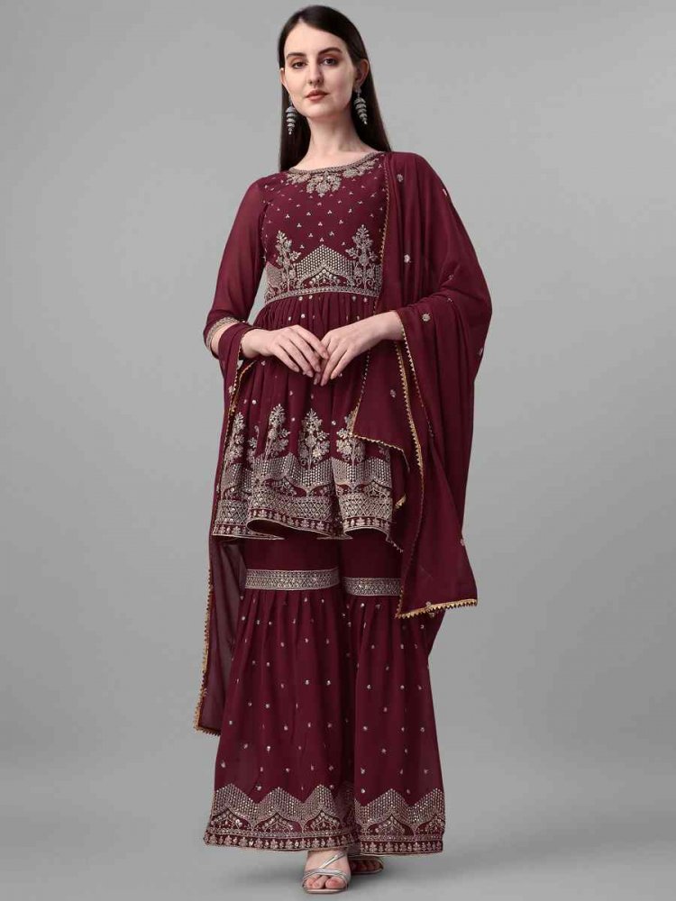 Maroon Faux Georgette Embroidered Festival Party Sharara Pant Salwar Kameez