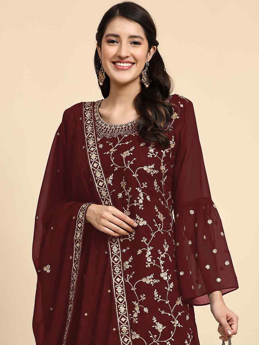 Maroon Faux Georgette Embroidered Festival Party Sharara Pant Salwar Kameez