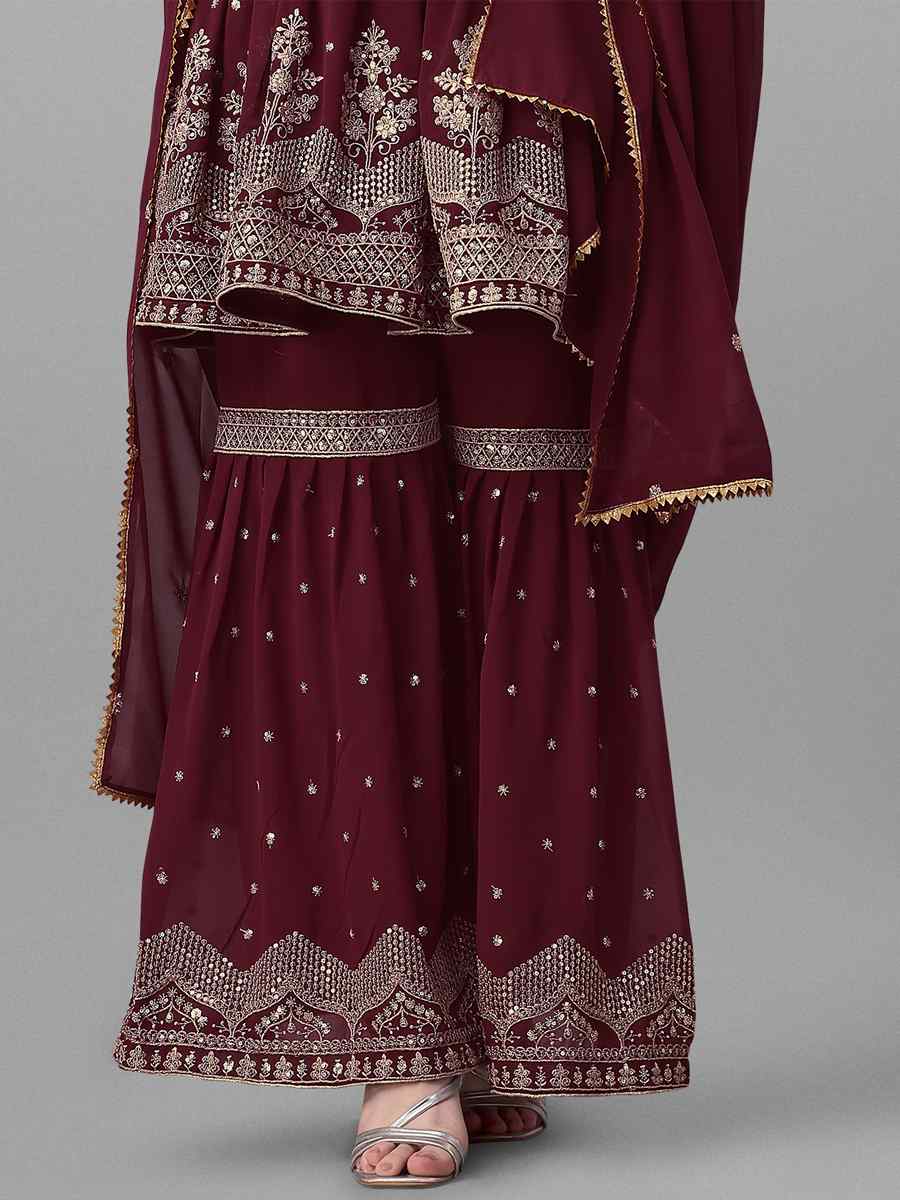 Maroon Faux Georgette Embroidered Festival Party Sharara Pant Salwar Kameez