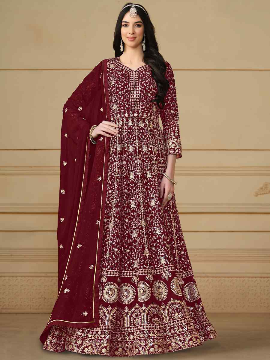 Maroon Faux Georgette Embroidered Festival Wedding Anarkali Salwar Kameez