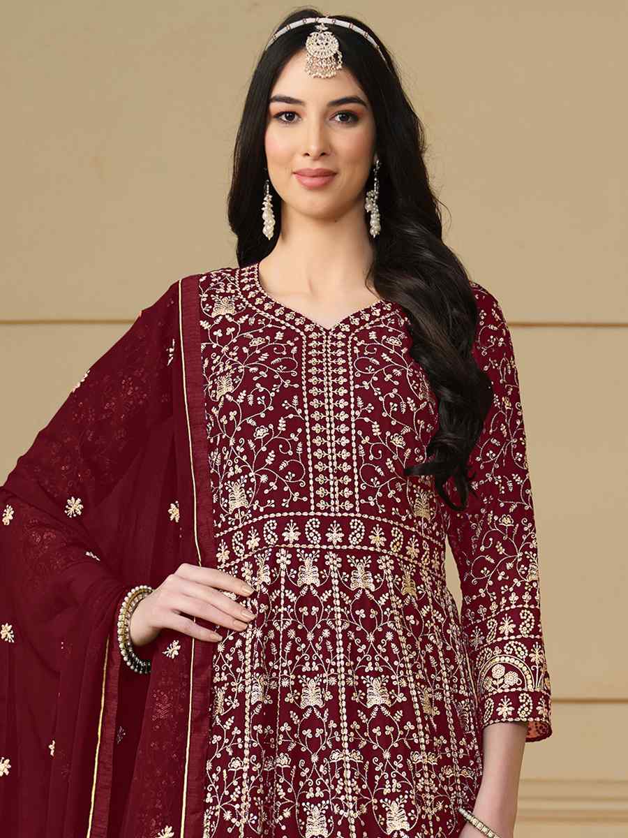Maroon Faux Georgette Embroidered Festival Wedding Anarkali Salwar Kameez