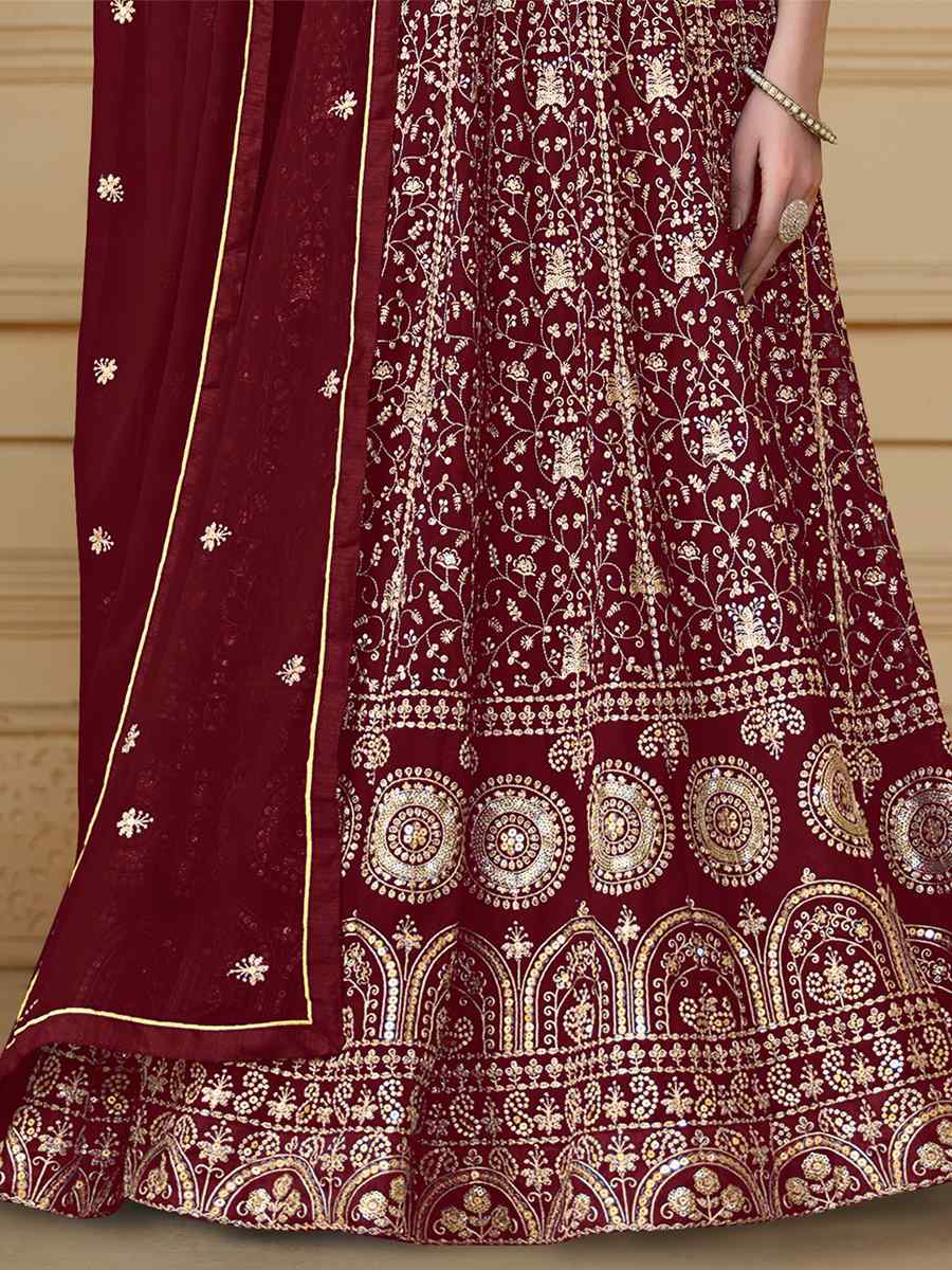 Maroon Faux Georgette Embroidered Festival Wedding Anarkali Salwar Kameez