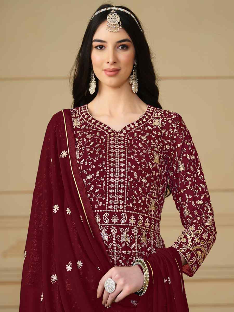 Maroon Faux Georgette Embroidered Festival Wedding Anarkali Salwar Kameez