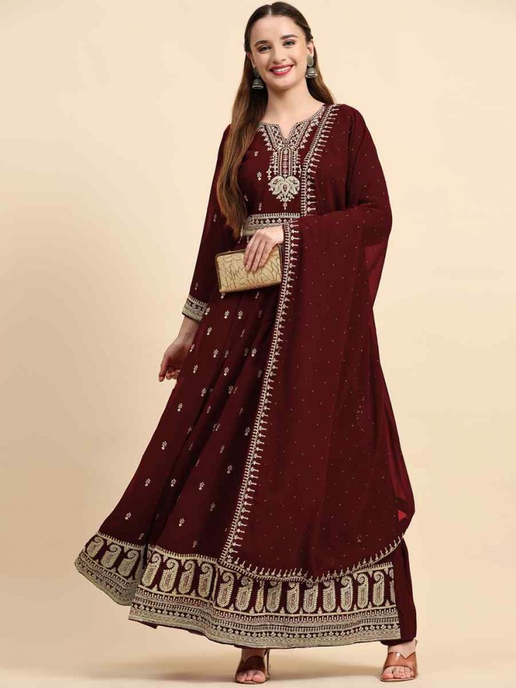 Maroon Faux Georgette Embroidered Festival Wedding Anarkali Salwar Kameez