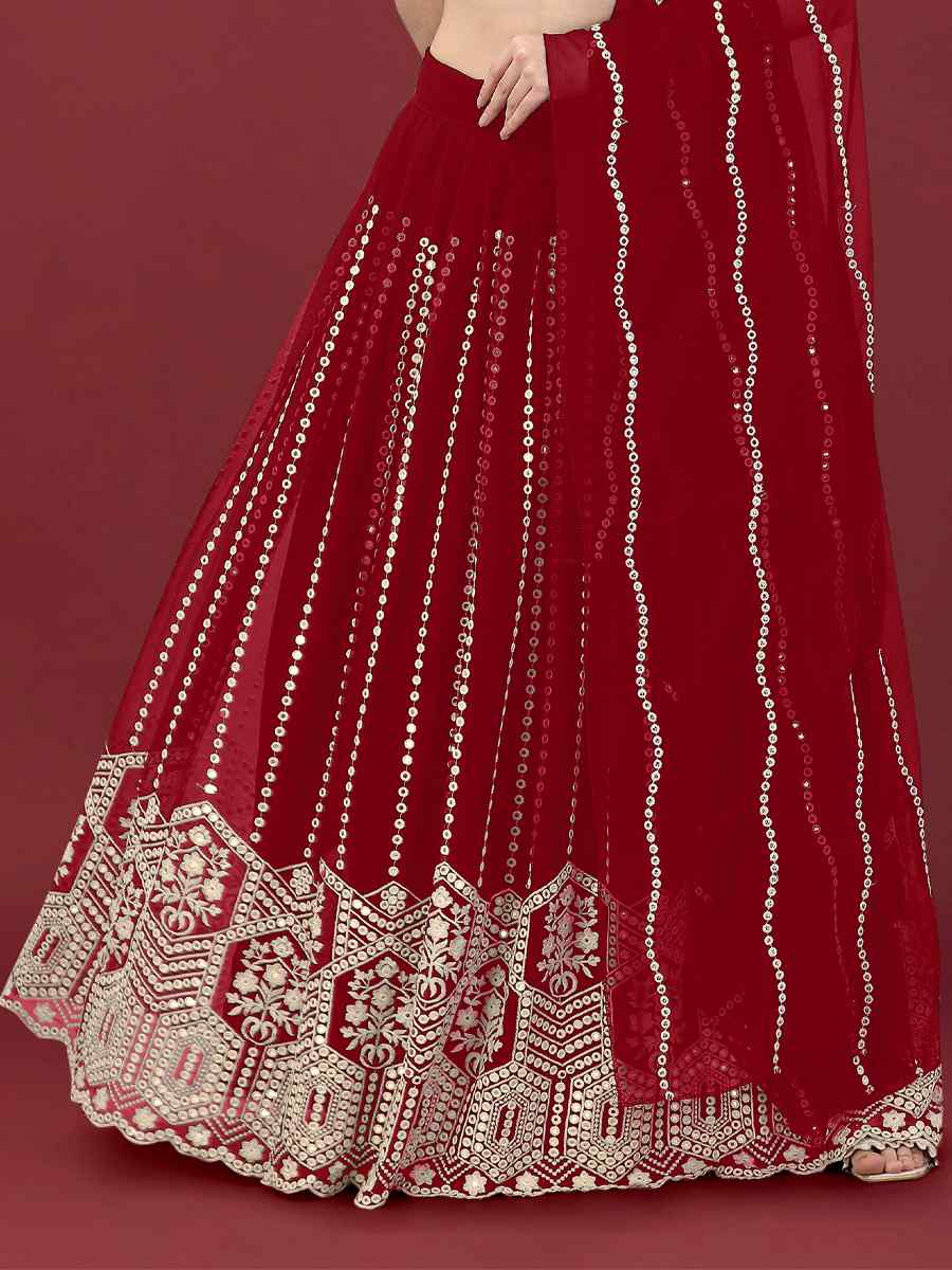 Maroon Faux Georgette Embroidered Festival Wedding Heavy Border Lehenga Choli