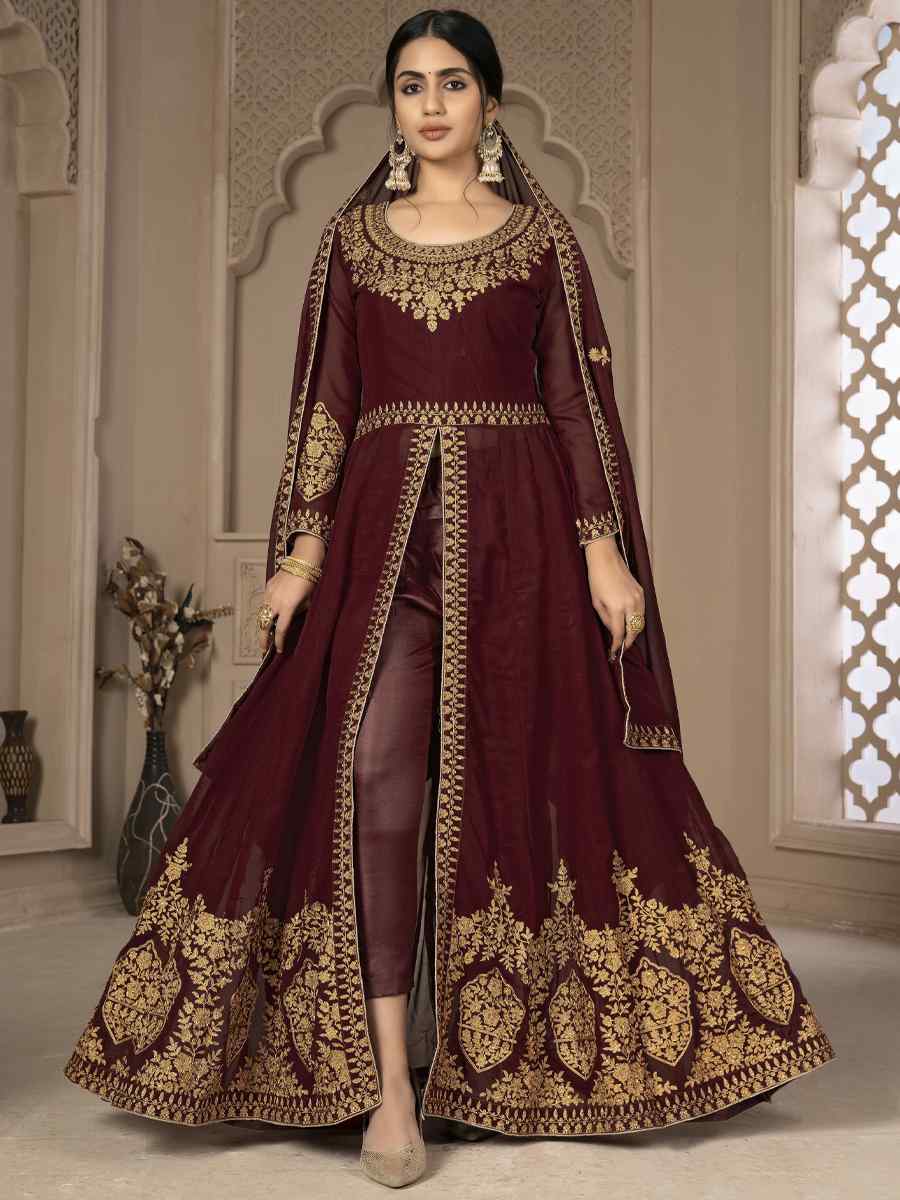 Maroon Faux Georgette Embroidered Festival Wedding Lawn Salwar Kameez