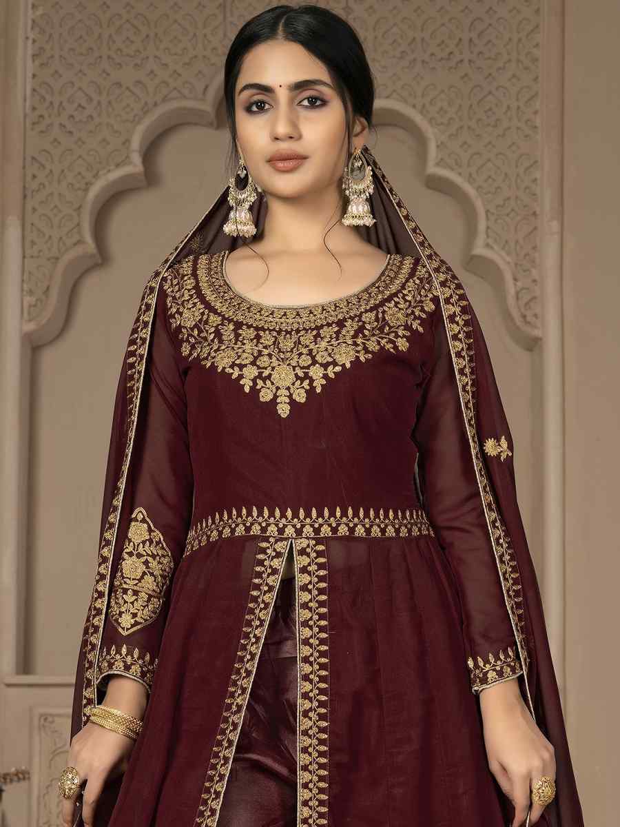 Maroon Faux Georgette Embroidered Festival Wedding Lawn Salwar Kameez