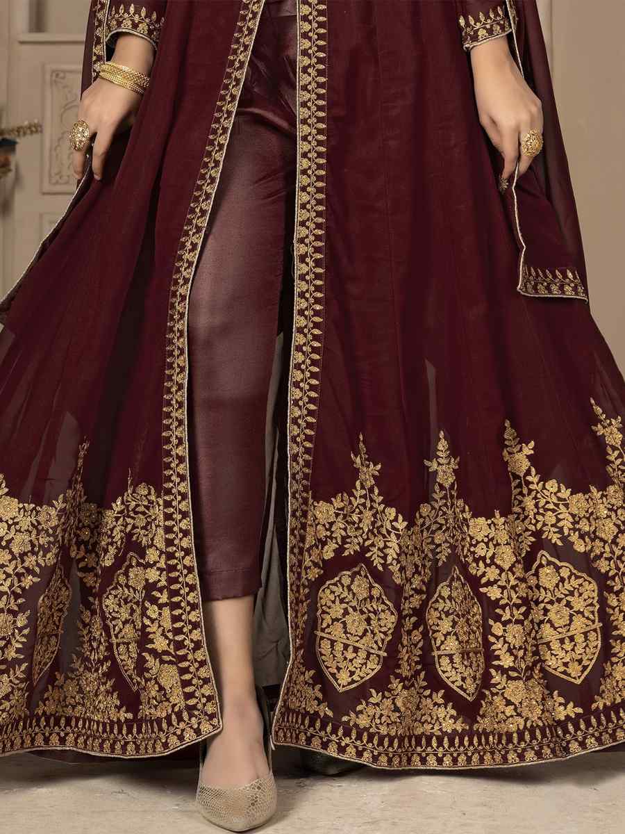 Maroon Faux Georgette Embroidered Festival Wedding Lawn Salwar Kameez