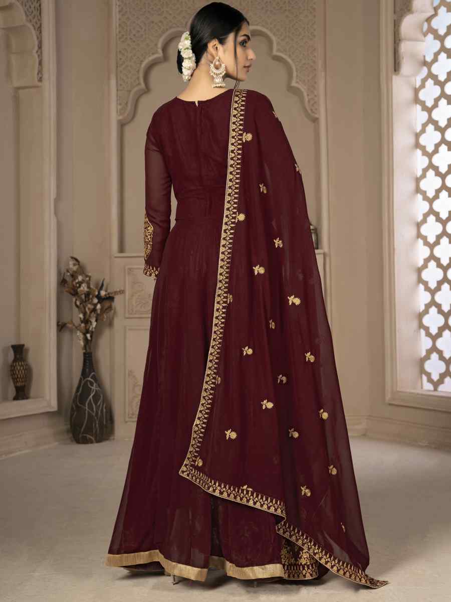 Maroon Faux Georgette Embroidered Festival Wedding Lawn Salwar Kameez