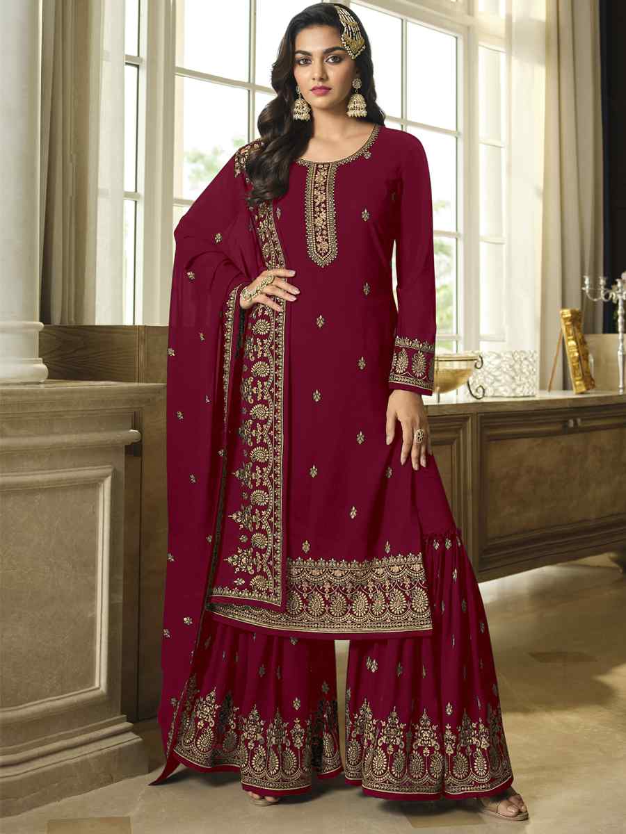 Maroon Faux Georgette Embroidered Festival Wedding Palazzo Pant Salwar Kameez