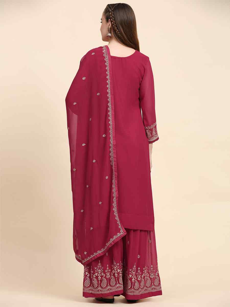 Maroon Faux Georgette Embroidered Festival Wedding Palazzo Pant Salwar Kameez