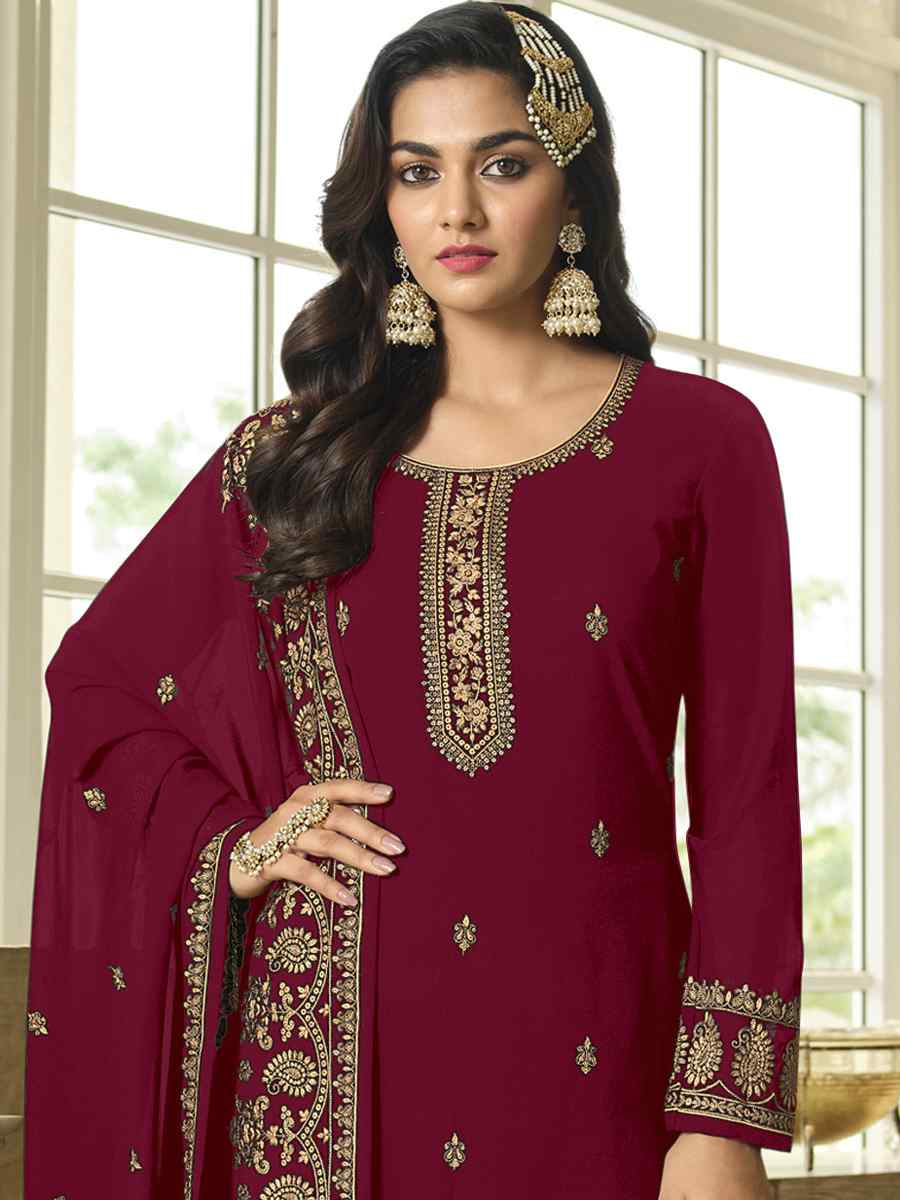 Maroon Faux Georgette Embroidered Festival Wedding Palazzo Pant Salwar Kameez