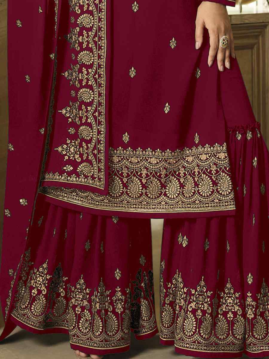Maroon Faux Georgette Embroidered Festival Wedding Palazzo Pant Salwar Kameez