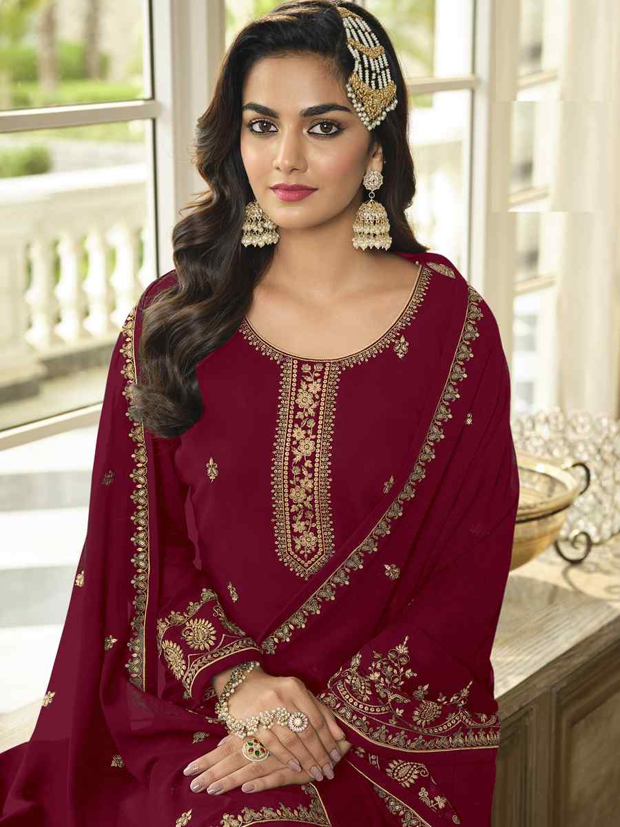 Maroon Faux Georgette Embroidered Festival Wedding Palazzo Pant Salwar Kameez