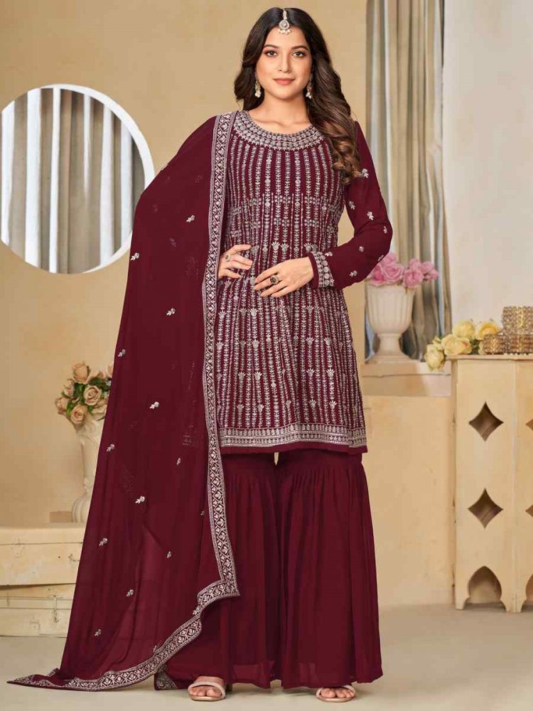 Maroon Faux Georgette Embroidered Festival Wedding Palazzo Pant Salwar Kameez