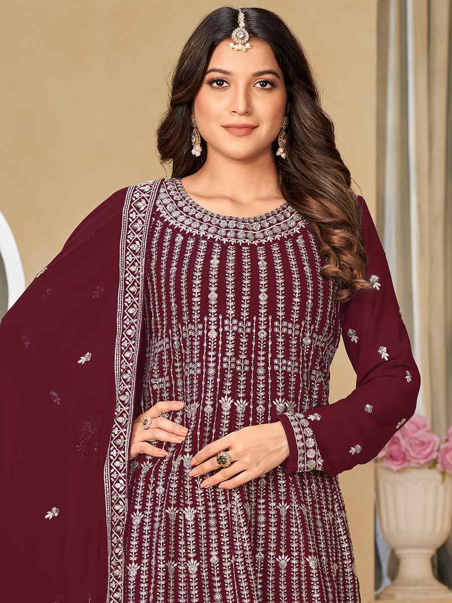 Maroon Faux Georgette Embroidered Festival Wedding Palazzo Pant Salwar Kameez