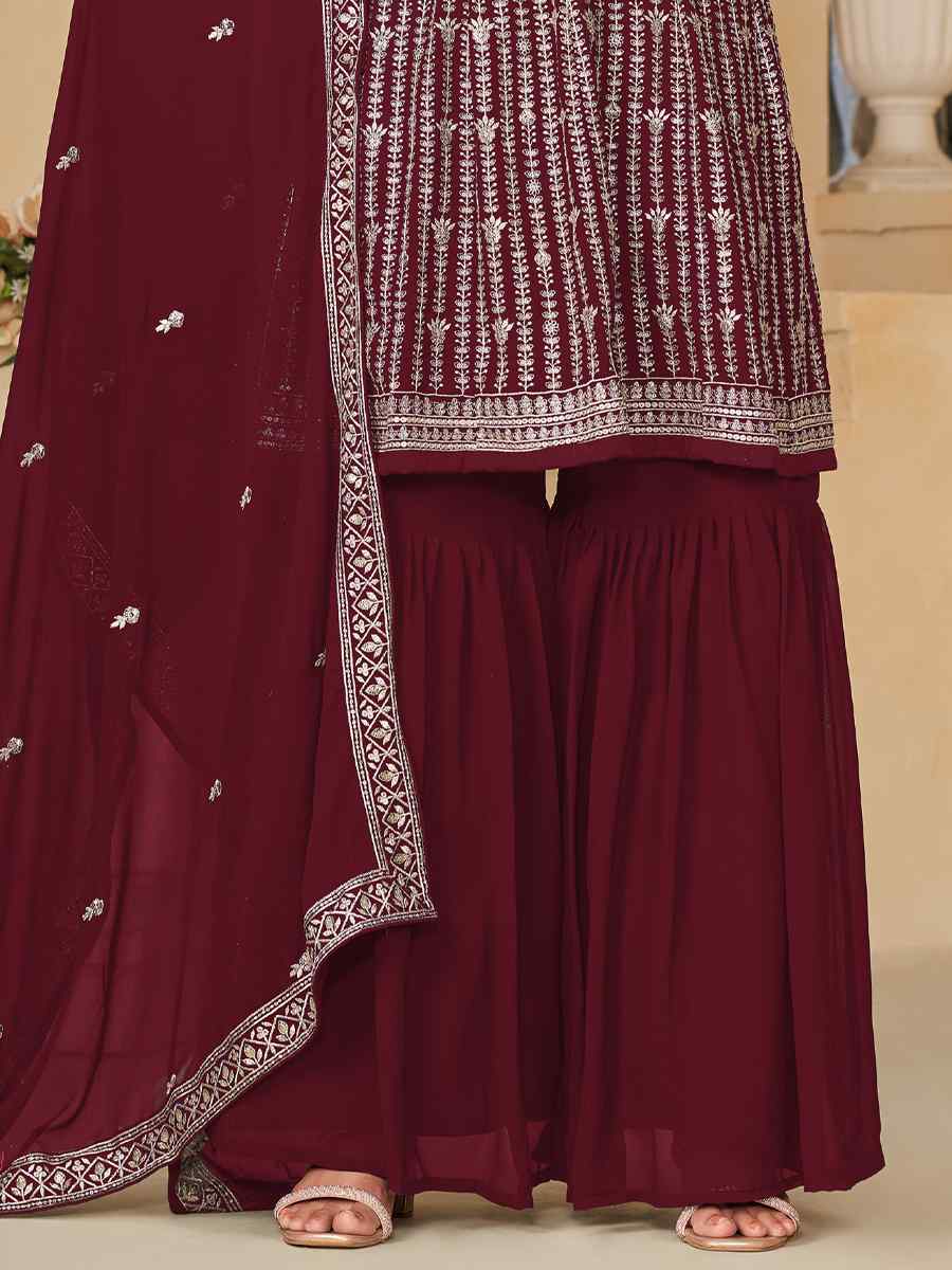 Maroon Faux Georgette Embroidered Festival Wedding Palazzo Pant Salwar Kameez