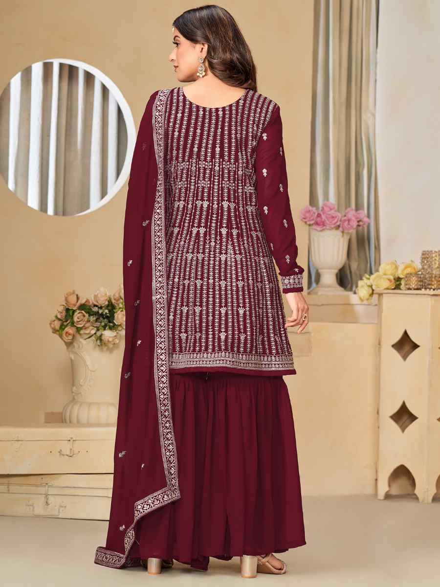Maroon Faux Georgette Embroidered Festival Wedding Palazzo Pant Salwar Kameez