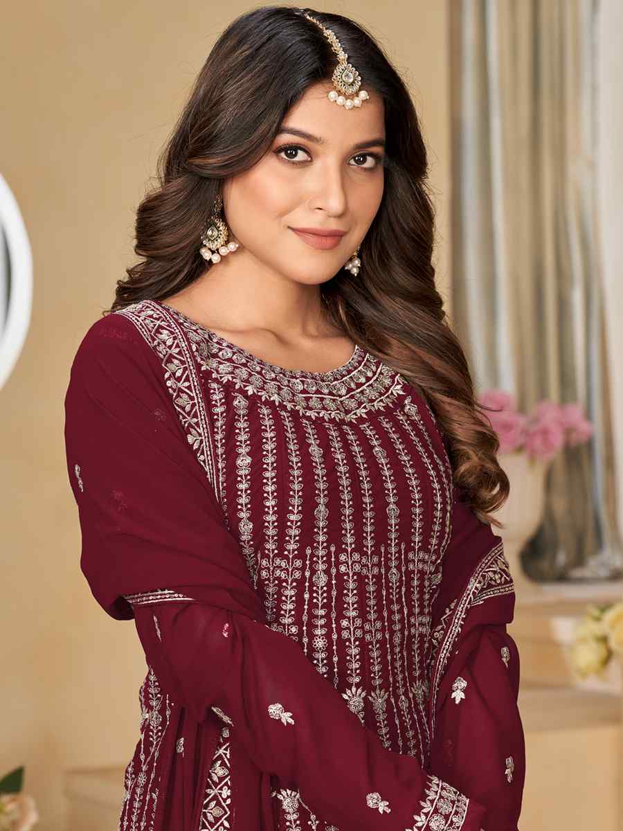 Maroon Faux Georgette Embroidered Festival Wedding Palazzo Pant Salwar Kameez