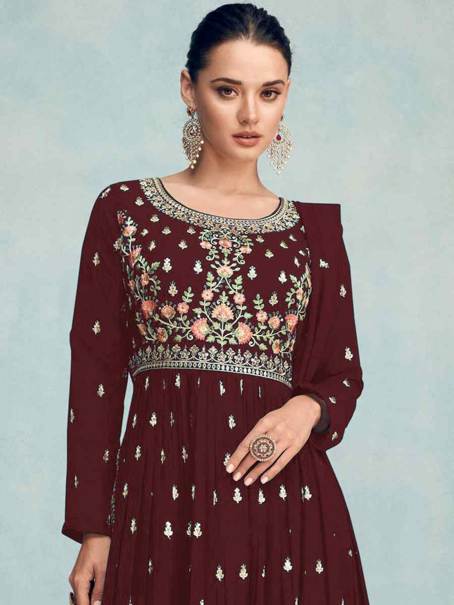 Maroon Faux Georgette Embroidered Festival Wedding Palazzo Pant Salwar Kameez