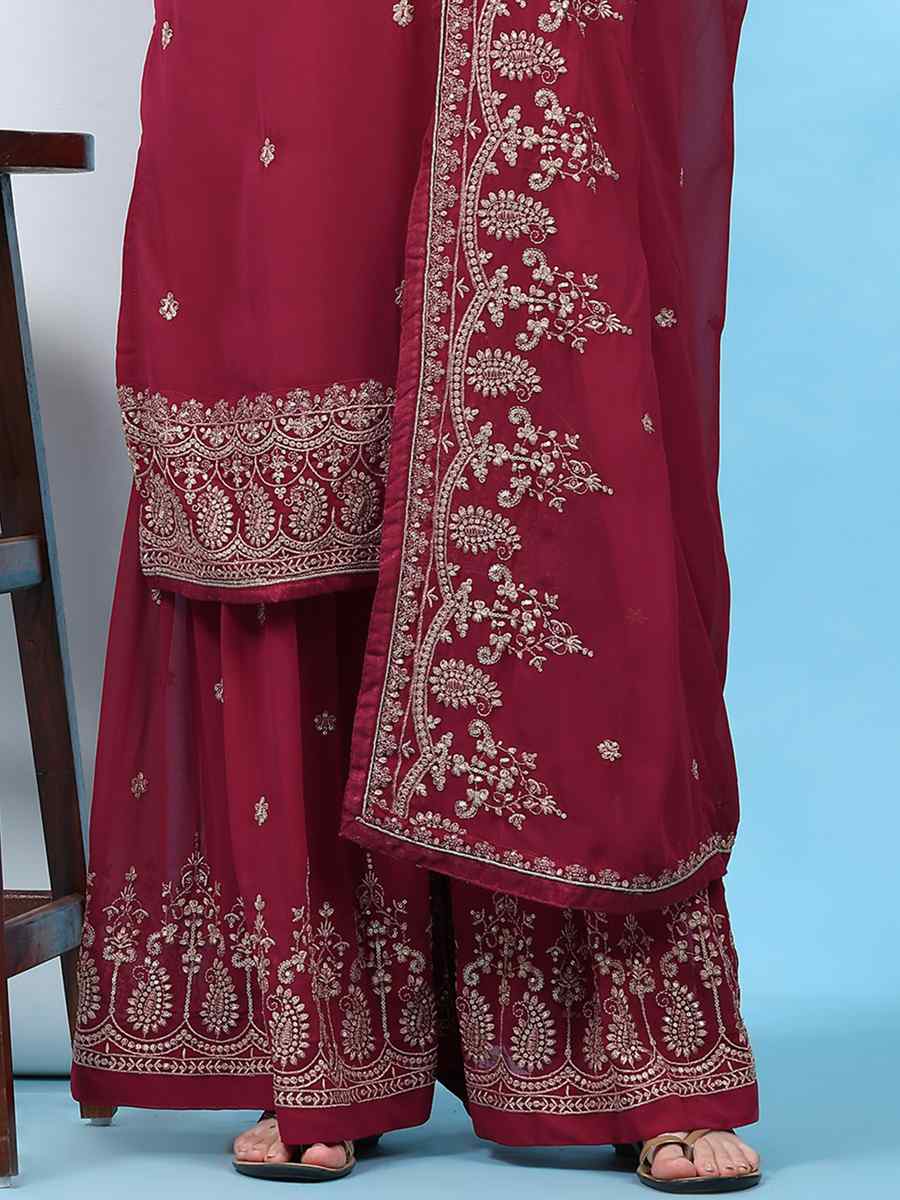 Maroon Faux Georgette Embroidered Festival Wedding Palazzo Pant Salwar Kameez