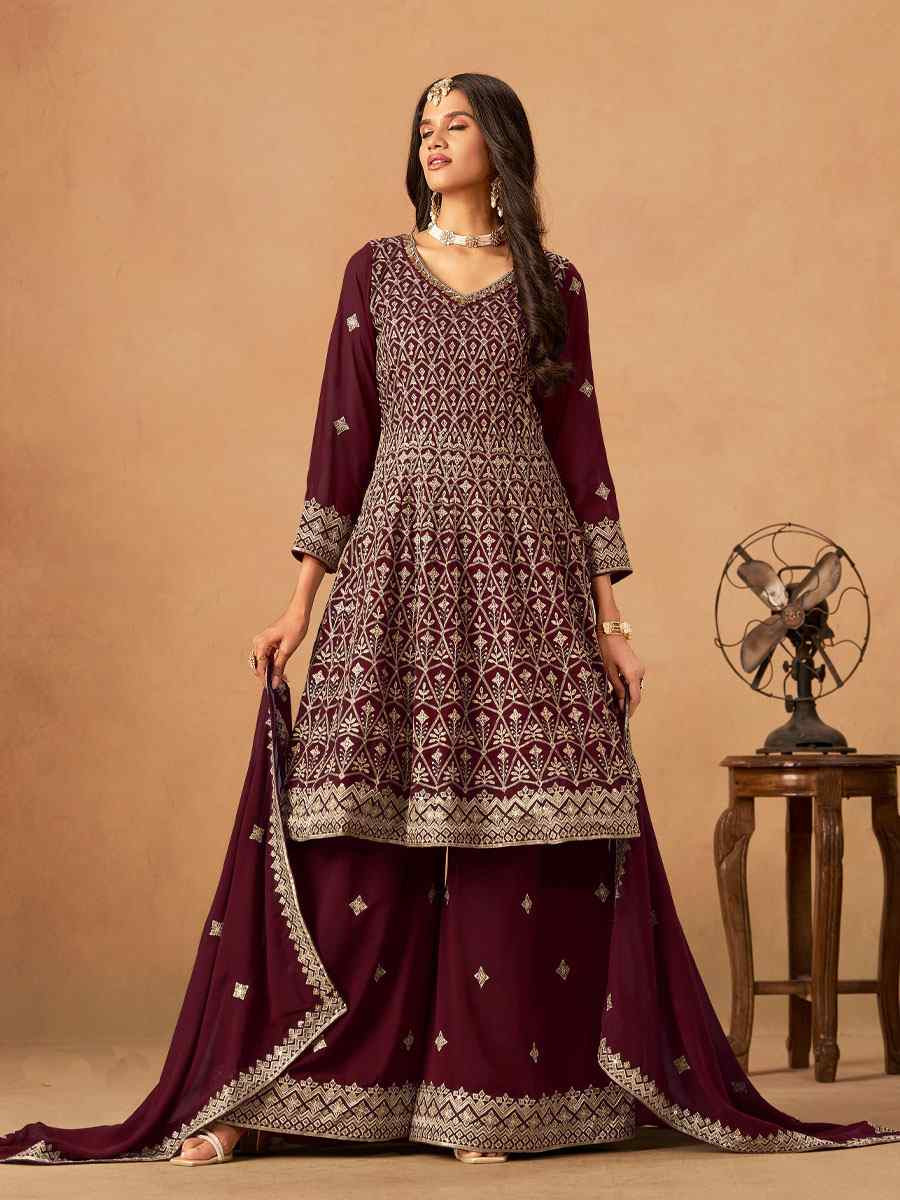 Maroon Faux Georgette Embroidered Festival Wedding Palazzo Pant Salwar Kameez