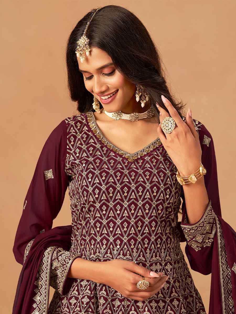 Maroon Faux Georgette Embroidered Festival Wedding Palazzo Pant Salwar Kameez