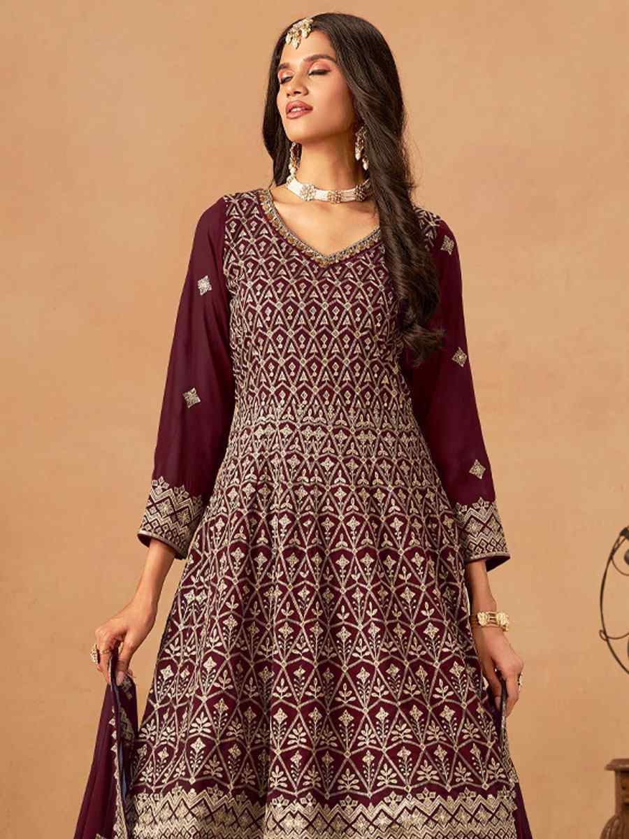 Maroon Faux Georgette Embroidered Festival Wedding Palazzo Pant Salwar Kameez