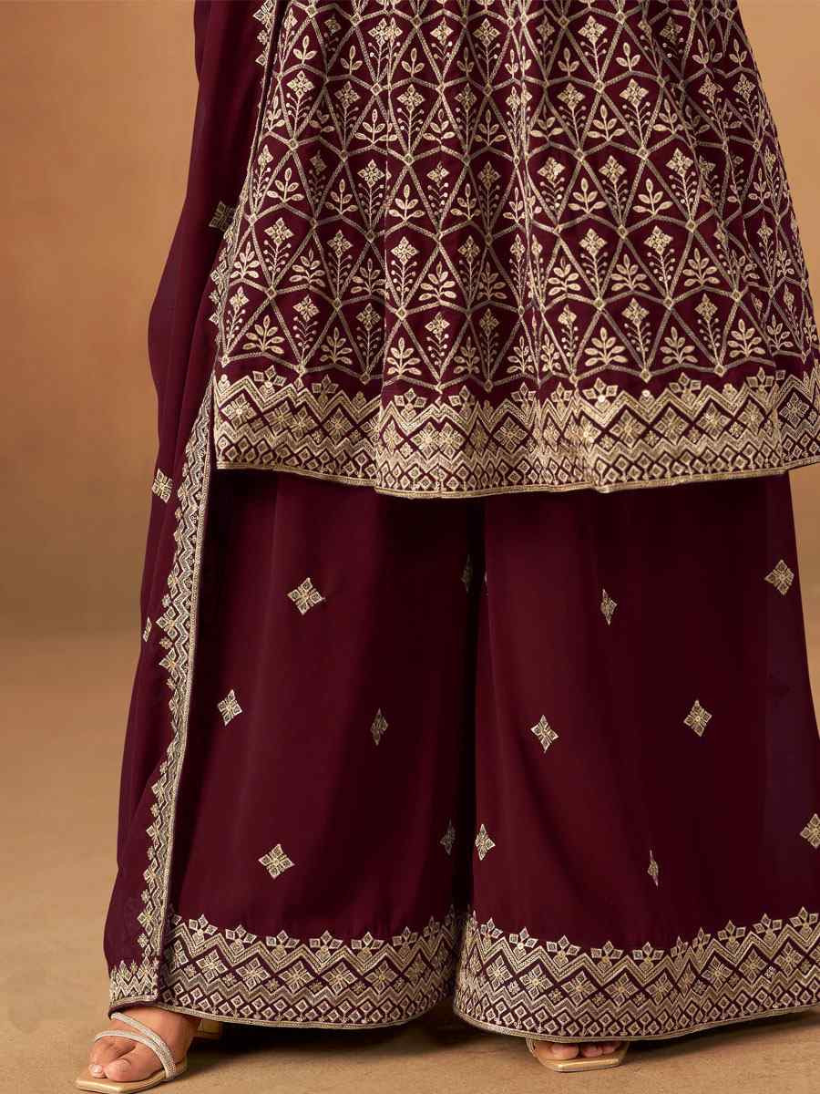 Maroon Faux Georgette Embroidered Festival Wedding Palazzo Pant Salwar Kameez