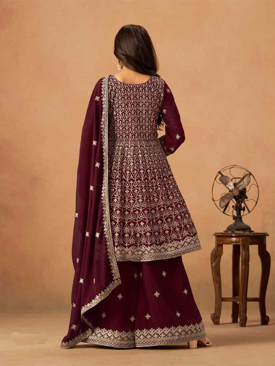 Maroon Faux Georgette Embroidered Festival Wedding Palazzo Pant Salwar Kameez