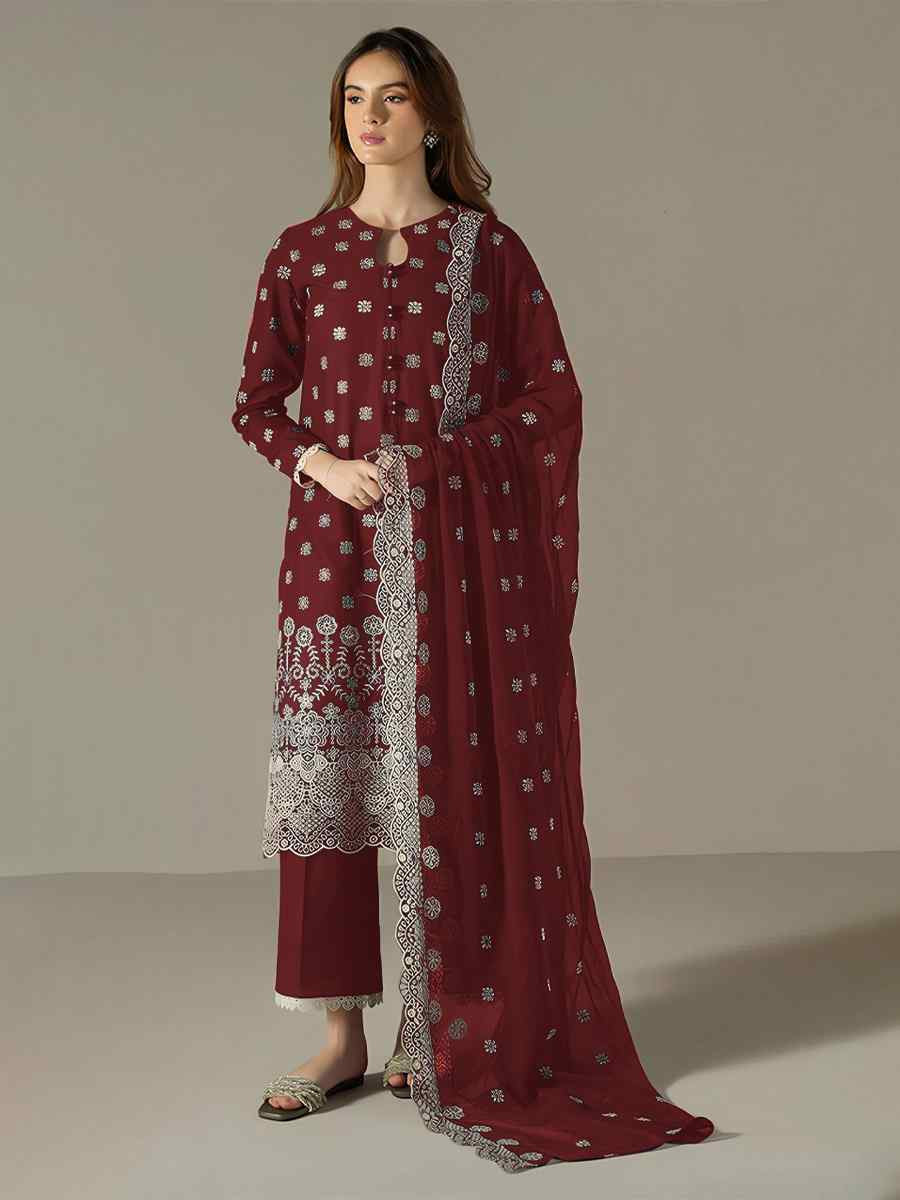 Maroon Faux Georgette Embroidered Festival Wedding Pant Salwar Kameez