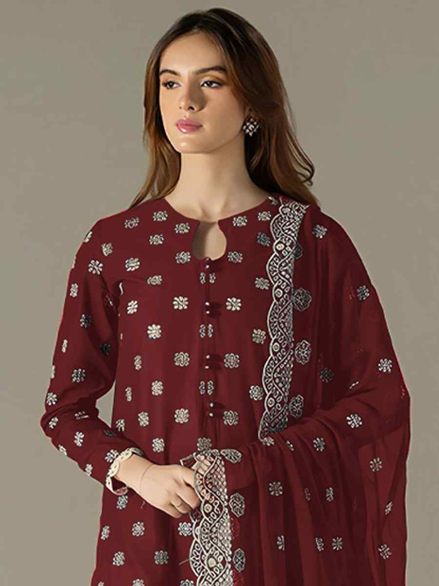 Maroon Faux Georgette Embroidered Festival Wedding Pant Salwar Kameez