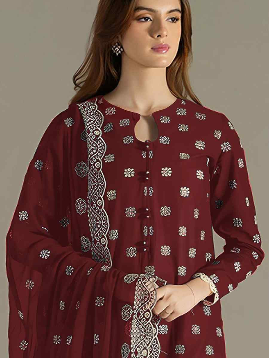 Maroon Faux Georgette Embroidered Festival Wedding Pant Salwar Kameez