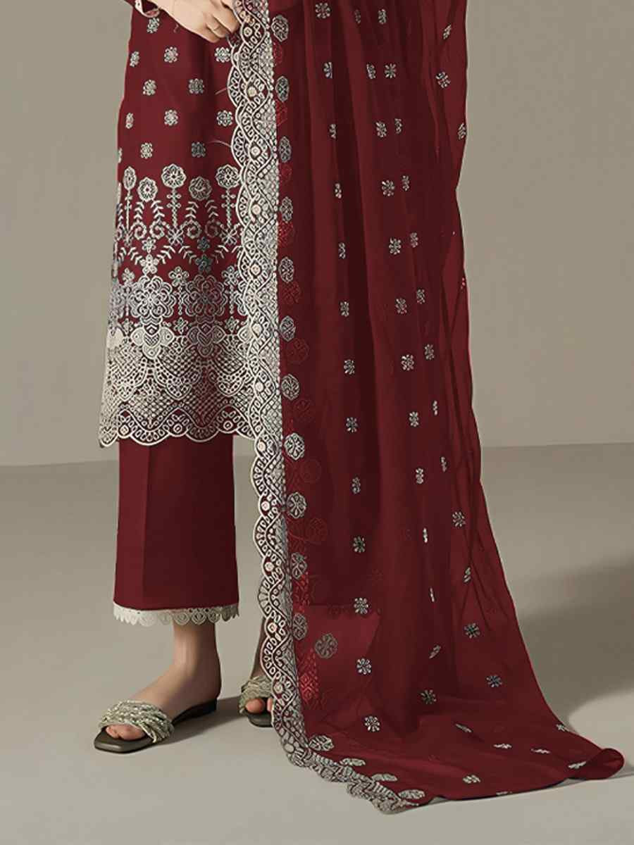 Maroon Faux Georgette Embroidered Festival Wedding Pant Salwar Kameez