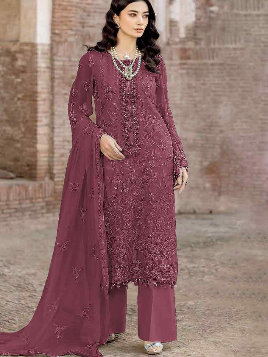 Maroon Faux Georgette Embroidered Festival Wedding Pant Salwar Kameez