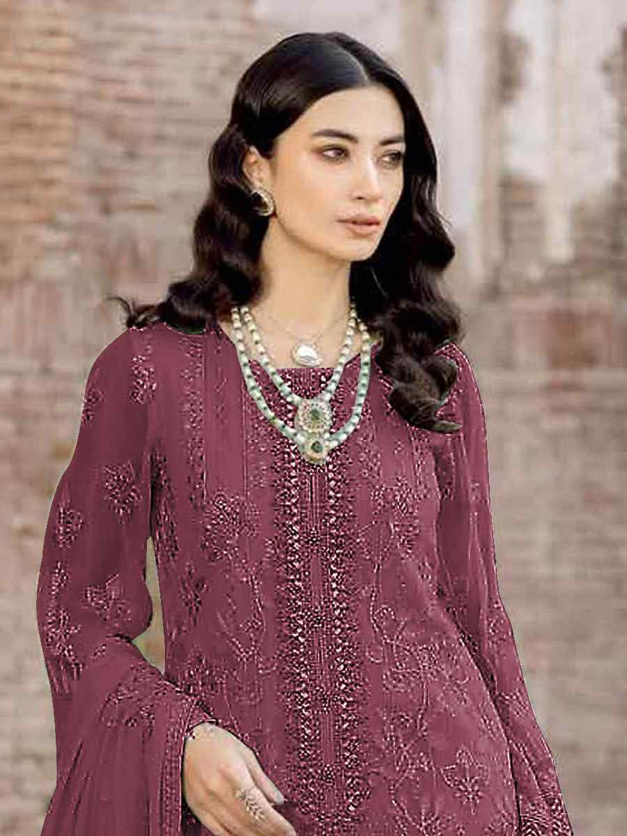 Maroon Faux Georgette Embroidered Festival Wedding Pant Salwar Kameez