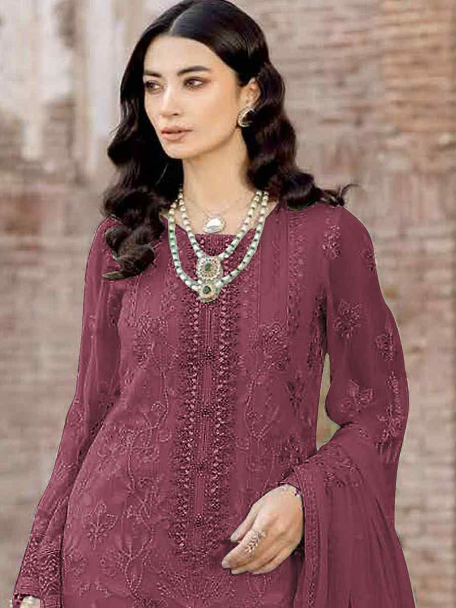 Maroon Faux Georgette Embroidered Festival Wedding Pant Salwar Kameez