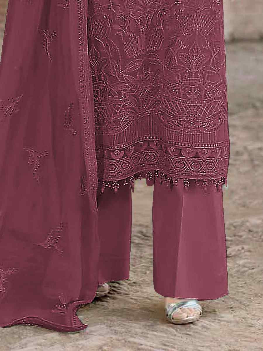 Maroon Faux Georgette Embroidered Festival Wedding Pant Salwar Kameez