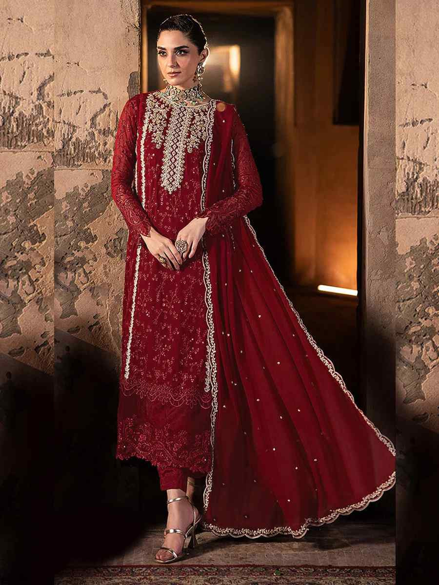 Maroon Faux Georgette Embroidered Festival Wedding Pant Salwar Kameez