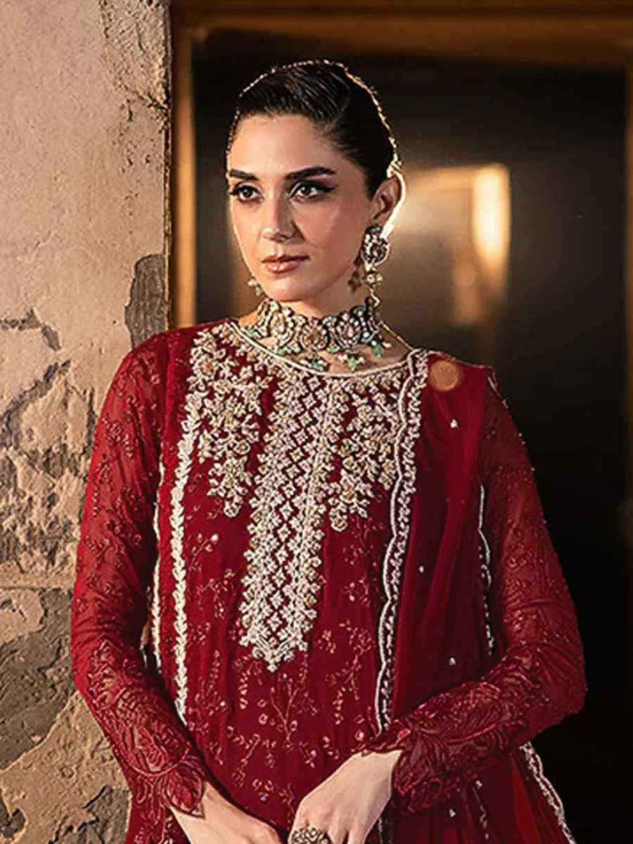 Maroon Faux Georgette Embroidered Festival Wedding Pant Salwar Kameez