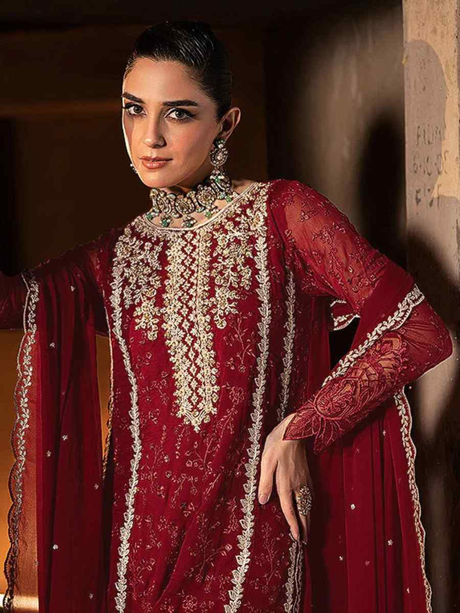 Maroon Faux Georgette Embroidered Festival Wedding Pant Salwar Kameez