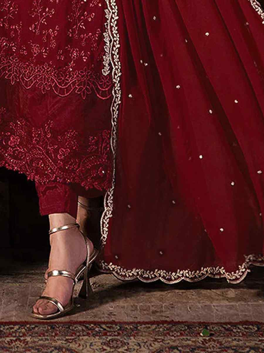 Maroon Faux Georgette Embroidered Festival Wedding Pant Salwar Kameez